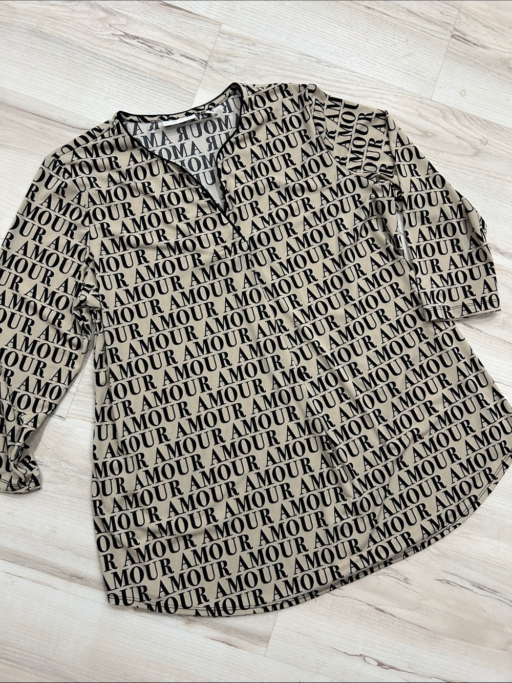 Susan Graver Beige Blouse with Black AMOUR Print